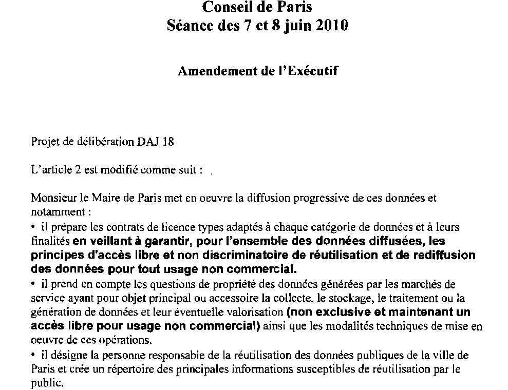 Amendement de l'exécutif du Conseil de Paris à la délibération DAJ 18 pour le Conseil des 7 et 8 juin 2010