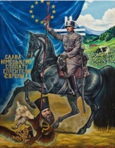 le nazi ukrainien Bandera terrasse communisme et Russie sous la bannire du nouveau Reich (Affiche de propagande de Kiev)..