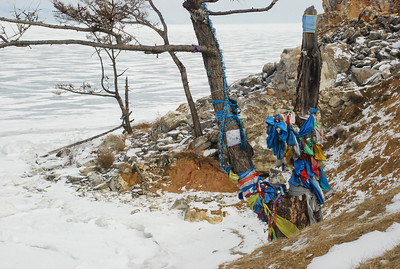 Votive ribbons, shaman rocks, Baikal Siberia  Bernard Grua 2007