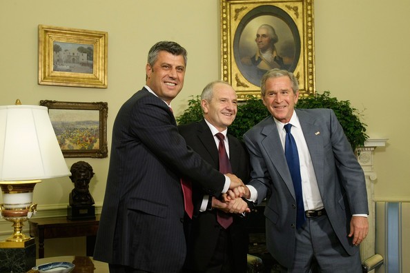 Fatmir Sejdiu U.S. President George W. Bush (R) shakes hands with Kosovar President Fatmir Sejdiu (C) and Prime Minister Hashim Thaci (L) during a meeting in the Oval Office of the White House July 21, 2008 in Washington, DC. This was the first official visit of Sejdiu and Thaci to Washington after Kosovo declared its independence.